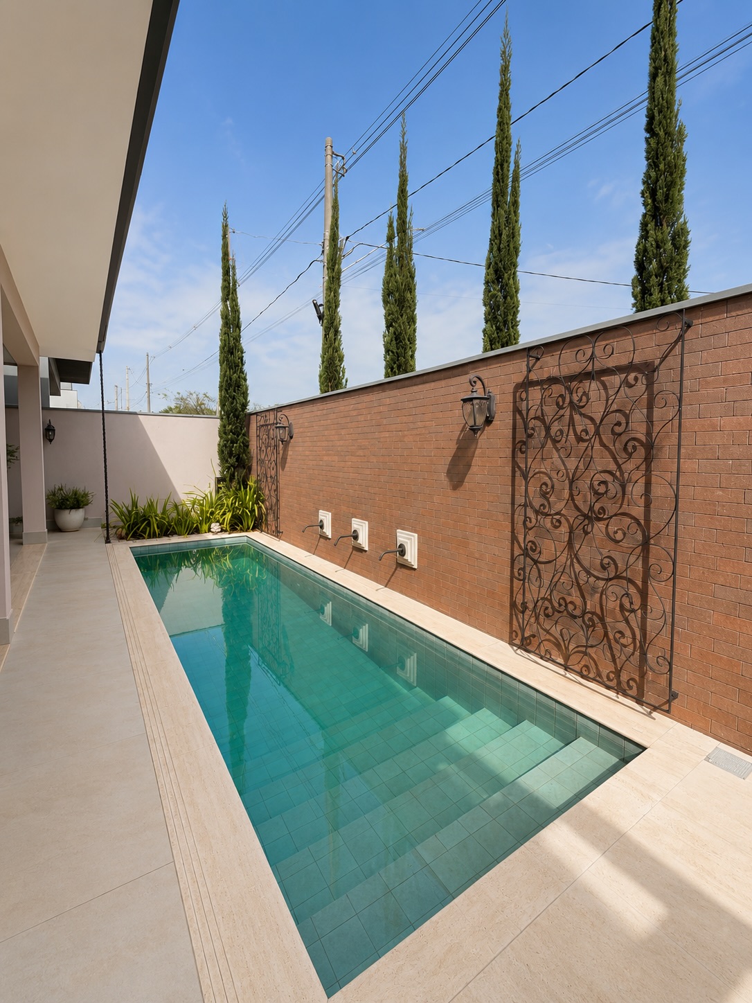 Piscina lateral com bicas em parede de tijolo, painel de ferro trabalhado e ciprestes