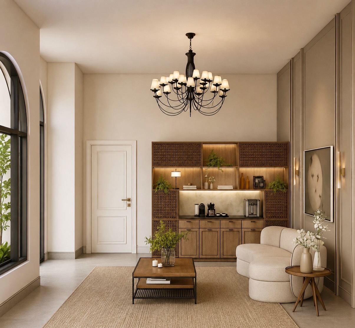 Visualização 3D de sala de espera com lustre, marcenaria de madeira e sofá curvo