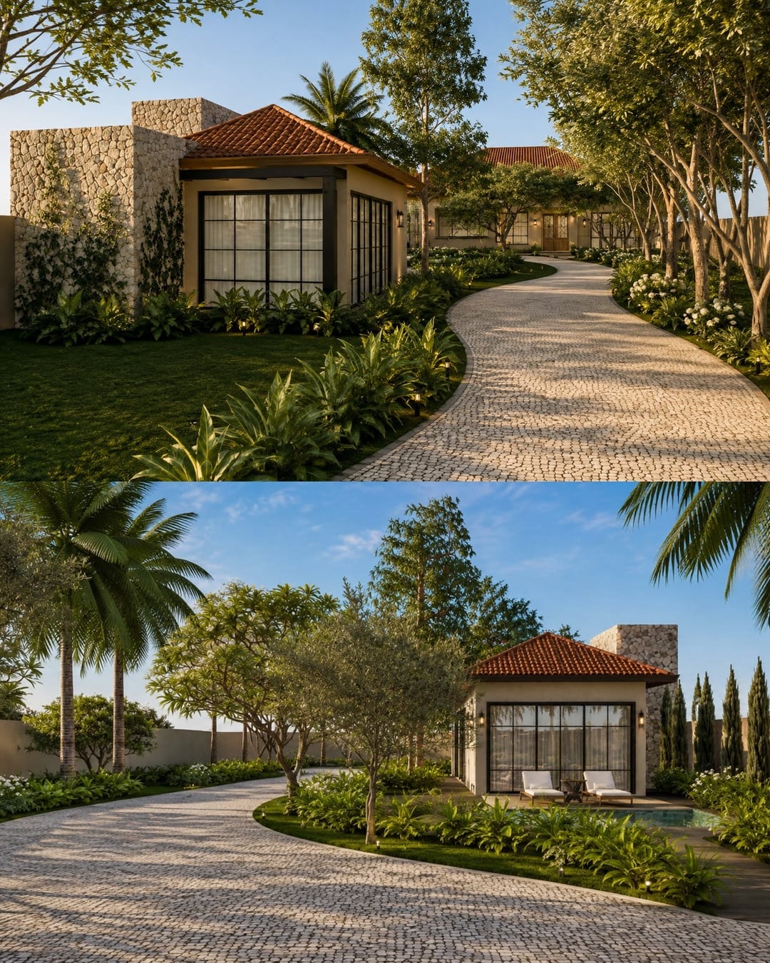 Visualização 3D de casa com telhado de barro, pedra e caminhos sinuosos entre jardins