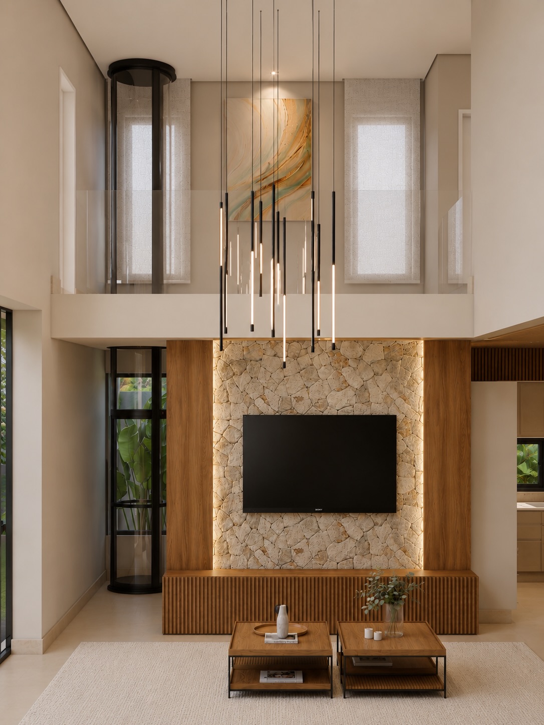Visualização 3D de living com painel de pedra, madeira e iluminação embutida